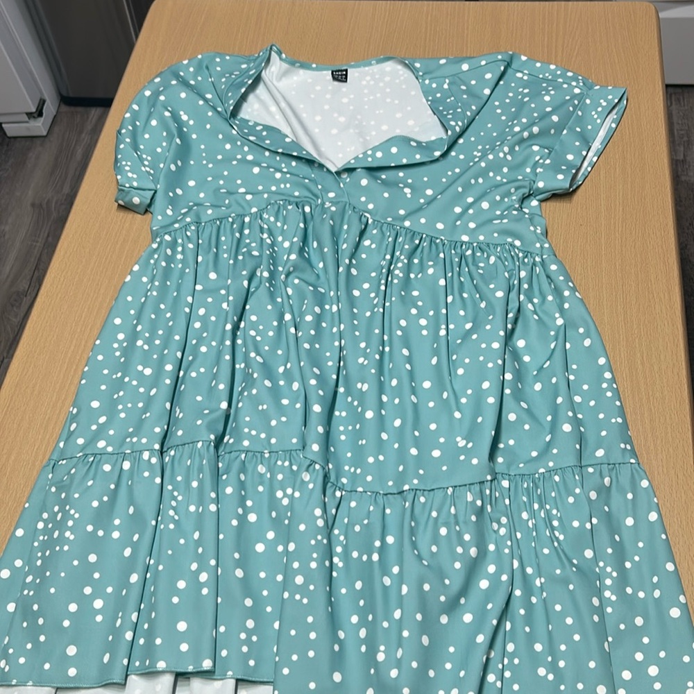 Size small, blue polka dot dress, knee length